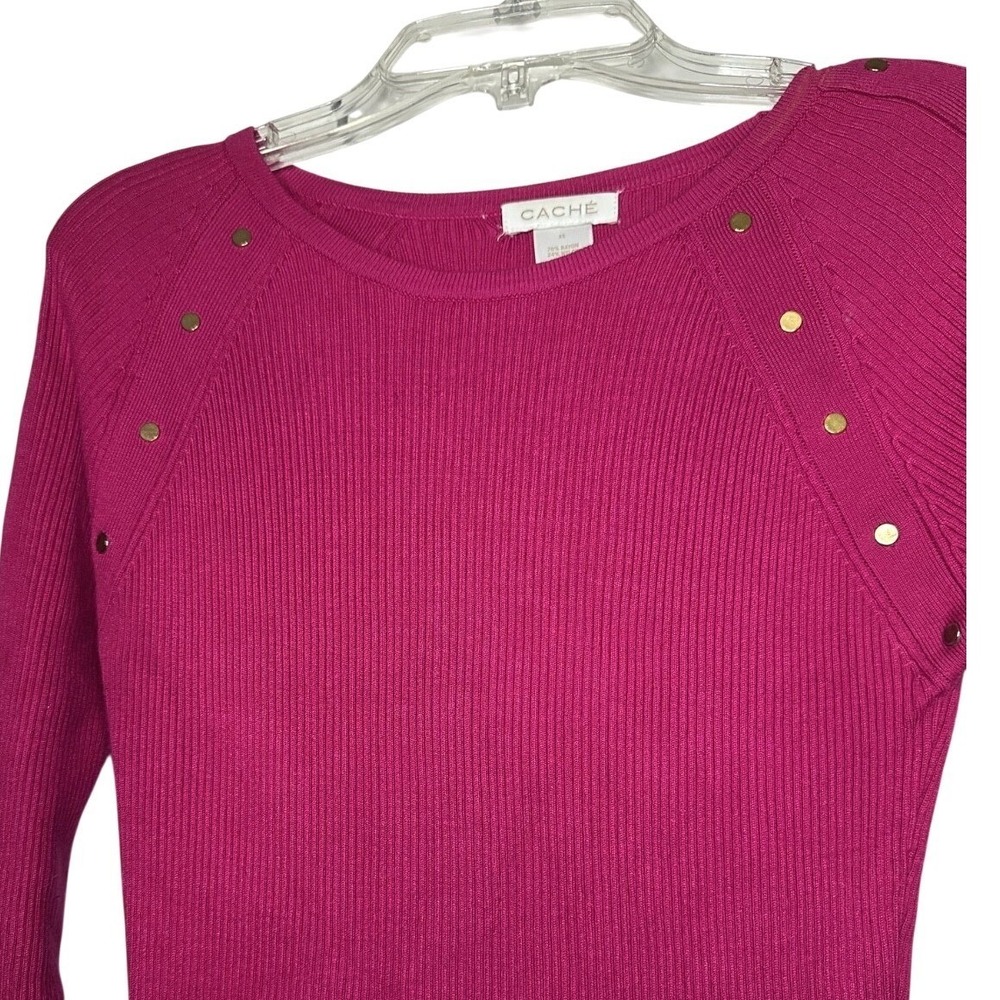 Cache Pink Ribbed Sweater Gold Stud Detail Long Sleeve Stretch Size XSmall